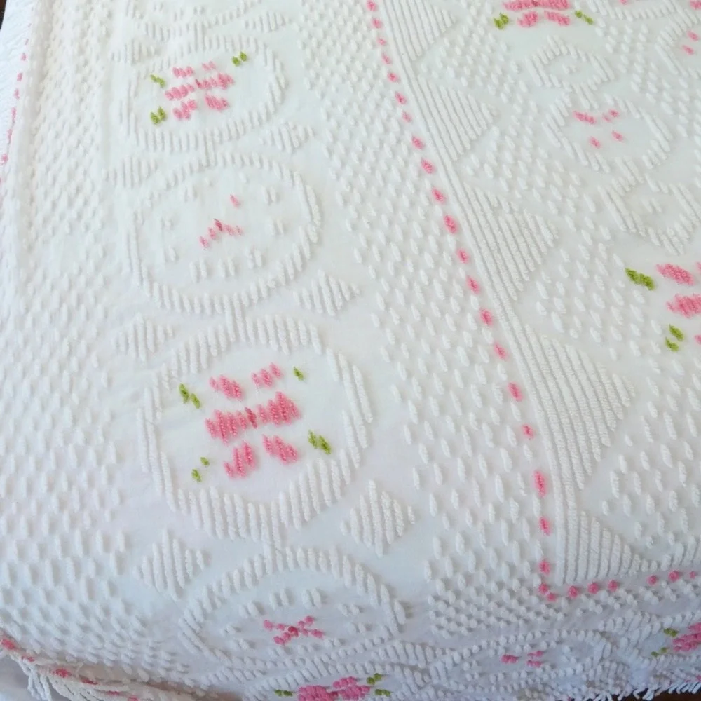 Vintage White Chenille Bedspread Pink Green Floral Tufted Fringe Twin 99x71